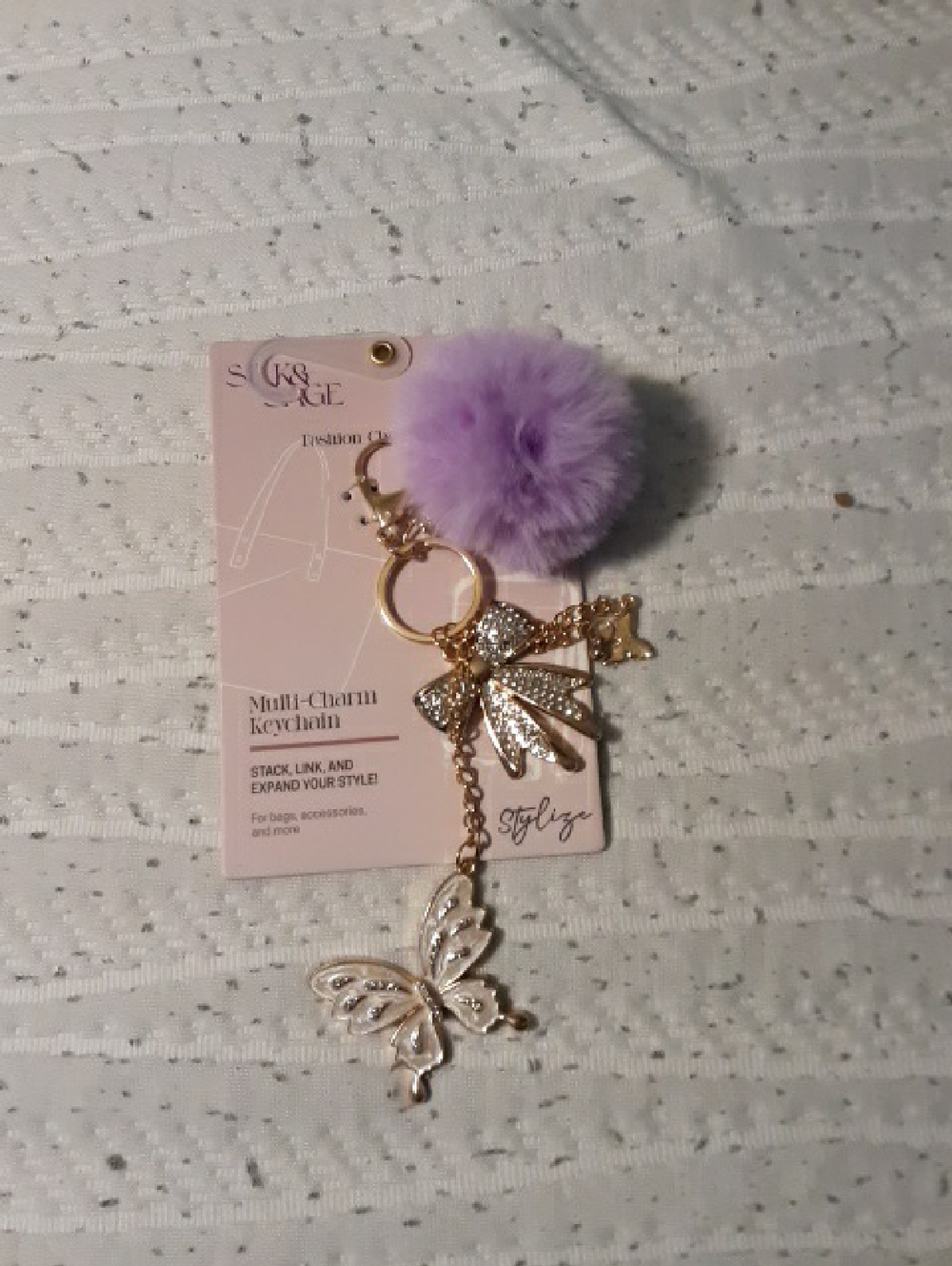Silk And Sage Lavender Pom-Pom Keychain with Gold Butterfly and Bow Charms